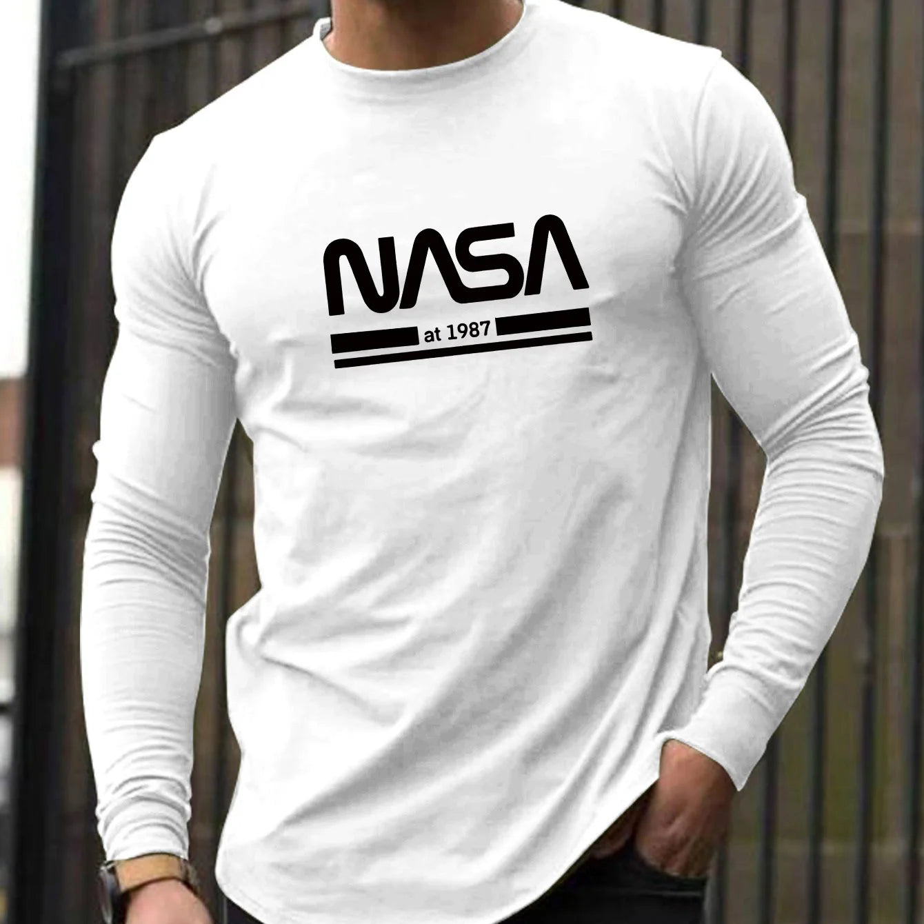 Men's Spring and Autumn 100% Cotton Loose Comfortable Casual NASA Letter Printed Round Neck Long Sleeve T-shirt