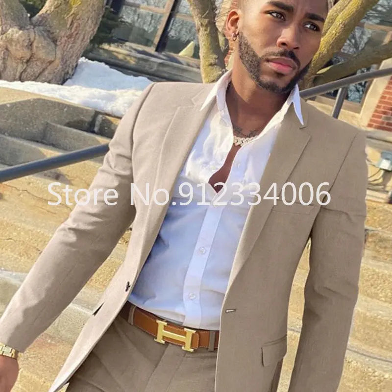 2-teiliger beigefarbener Anzug für Männer, Slim Fit, Hochzeit, Bräutigam, Smoking, Trauzeugenanzüge, männliche Mode, Raucherkostüm, Homme, Blazer mit Hosen