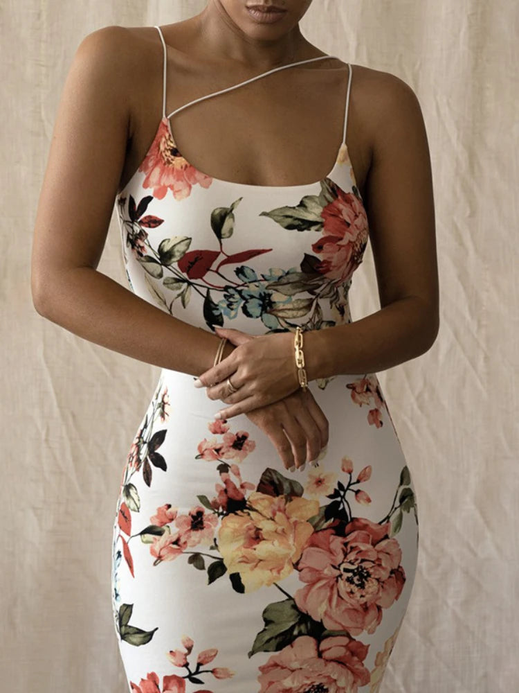 Vintage Floral Print Schlank Bodycon Maxi Kleid Frauen Ärmellose Spaghetti Strap Dünne Lange Kleid Elegante Club Party Vestidos