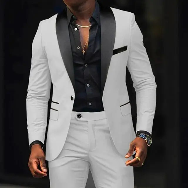 Lässige 2-teilige Herren-Hochzeitsanzüge, solide Slim-Fit, Schalkragen, Blazer, Hose, Designs, Party, Abschlussball, Anzüge, Trauzeuge, Business-Kleidung