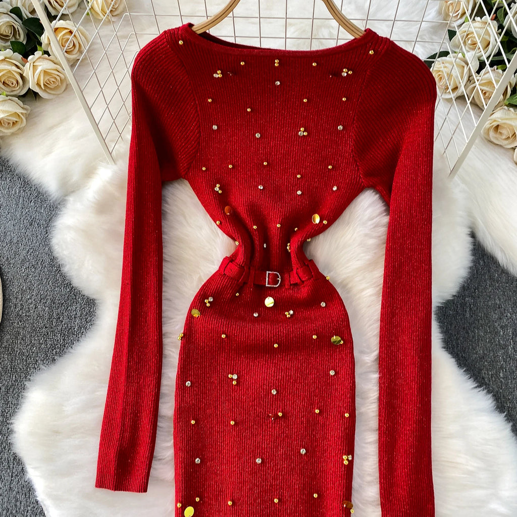 Schickes, sexy, elegantes, langärmliges, figurbetontes O-Ausschnitt-Kleid für Damen, koreanische Abendkleider für Modezeremonie