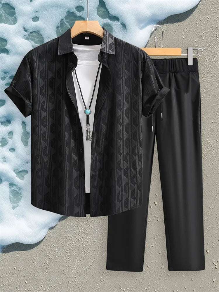 Hellgrünes 2-teiliges Herbst-Herren-Set mit vertikal gestreifter Textur, einfaches und lässiges Herren-Kurzarmhemd und lässige lange Hose