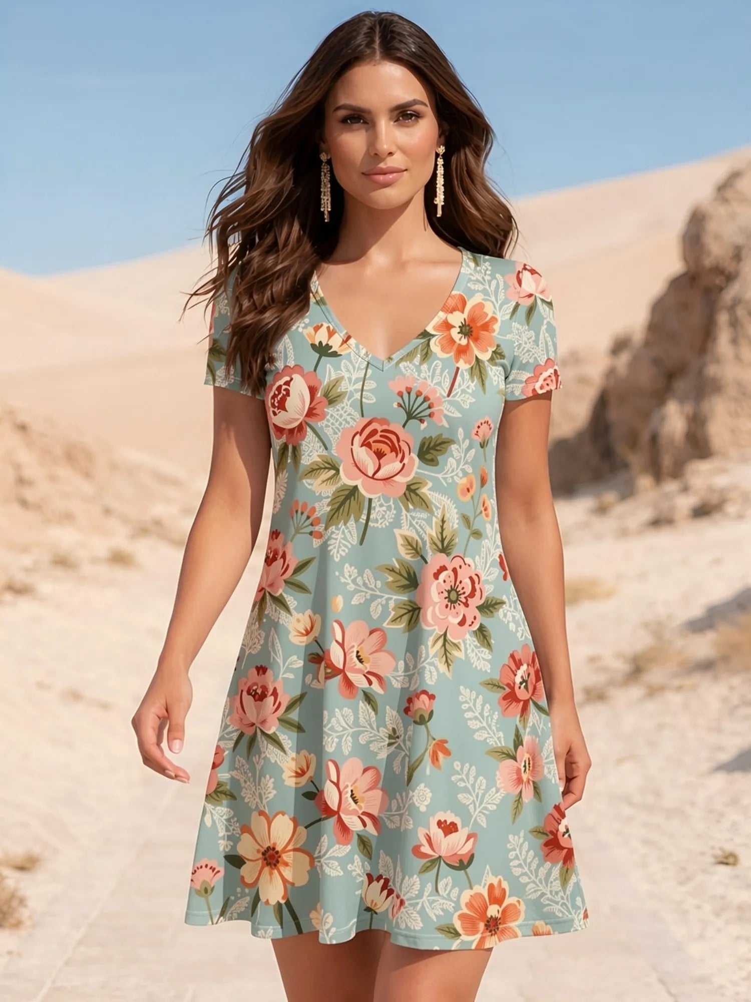 Damen-Kleid mit V-Ausschnitt, kurzen Ärmeln und Blumenmuster, Skater-Kleid für den Alltag, lässiges Outfit, schön, für den Alltag, feminin, anmutig, entspannt, leicht zu tragen, süß, Café