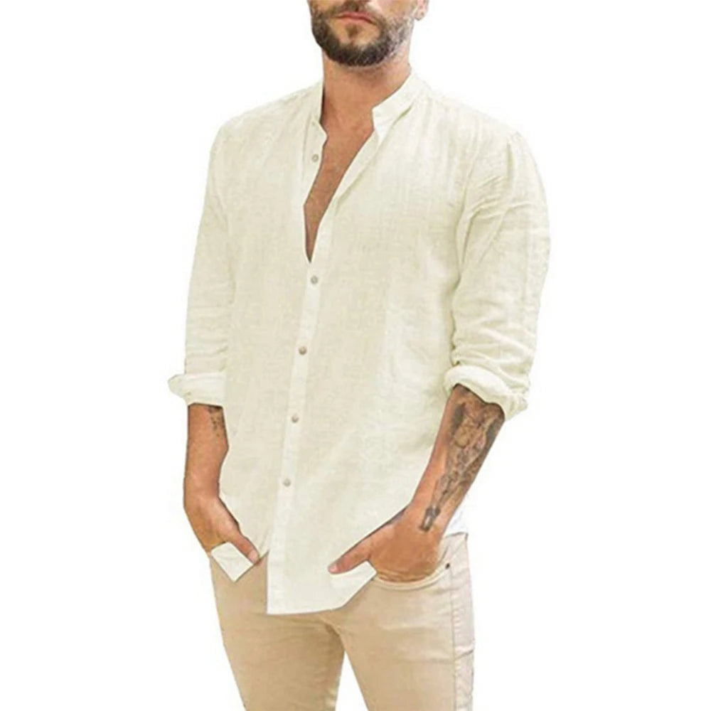 Baumwolle Leinen Heißer Verkauf männer Langarm Shirts Sommer Einfarbig Stehkragen Casual Strand Stil Plus Größe