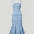Damen Meerjungfrauenkleid Hellblau mit Spaghettiträgern, rückenfrei, Schnürung, Maxirock, formelles Abendkleid für Frühling und Sommer