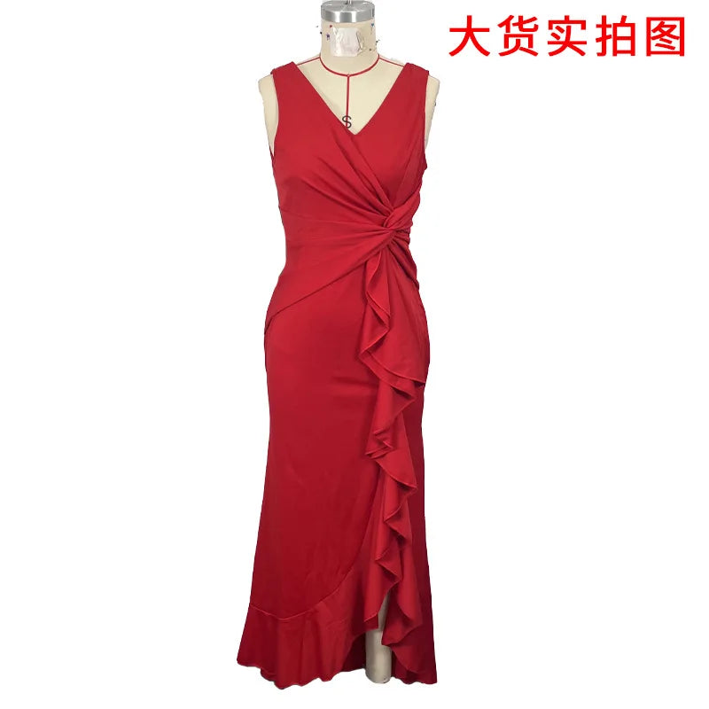 Sexy Schlitz, Rüschen, ärmellos, Abendkleider für Damen, modisch, V-Ausschnitt, schlank, plissiert, elegantes weibliches Maxi-langes Kleid 2025,