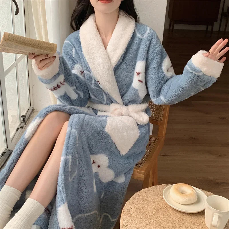 Verdickte Korallen Fleece Robe frauen V-ausschnitt Gürtel Langarm Mid-länge Süße Stil Warme Hause Kleidung Winter Saison