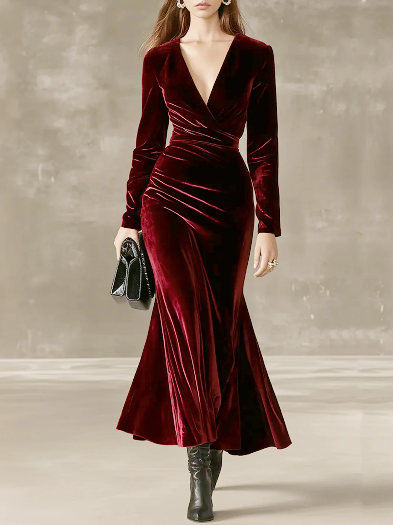 Elegantes, einfarbiges Samt-Langarmkleid mit V-Ausschnitt und Fischschwanzkleid in Weinrot für Urlaub, Party, figurbetontes Kleid