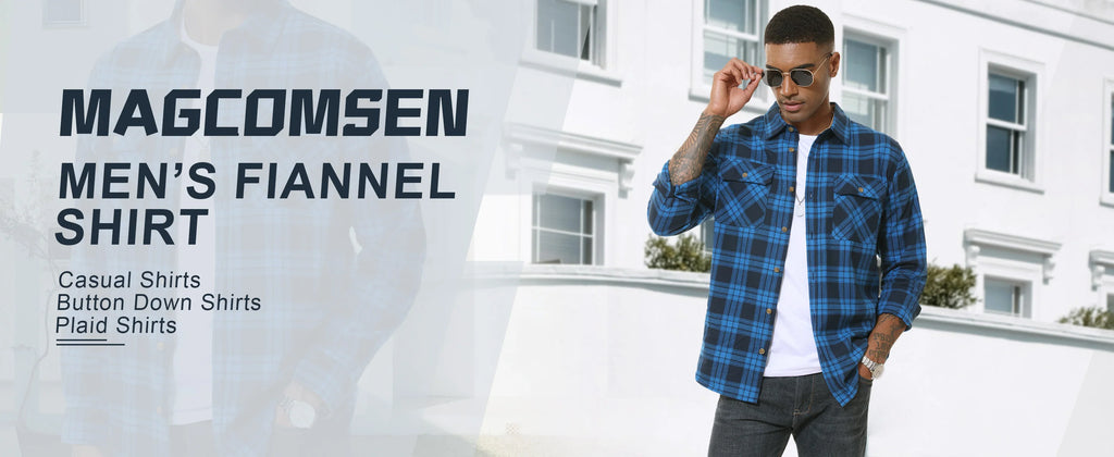 MAGCOMSEN Flanellhemden für Herren, langärmelig, Baumwolle, langärmelig, kariertes Hemd mit 2 Taschen, Knopfleiste, lässiges Cordhemd für Herren