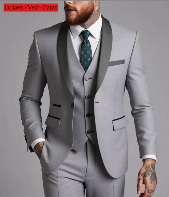 Formelles Anzugset für Herren, Business-Casual, Slim-Fit-Smoking für Hochzeit, langärmliges Revers mit Kerbe, Bräutigam
