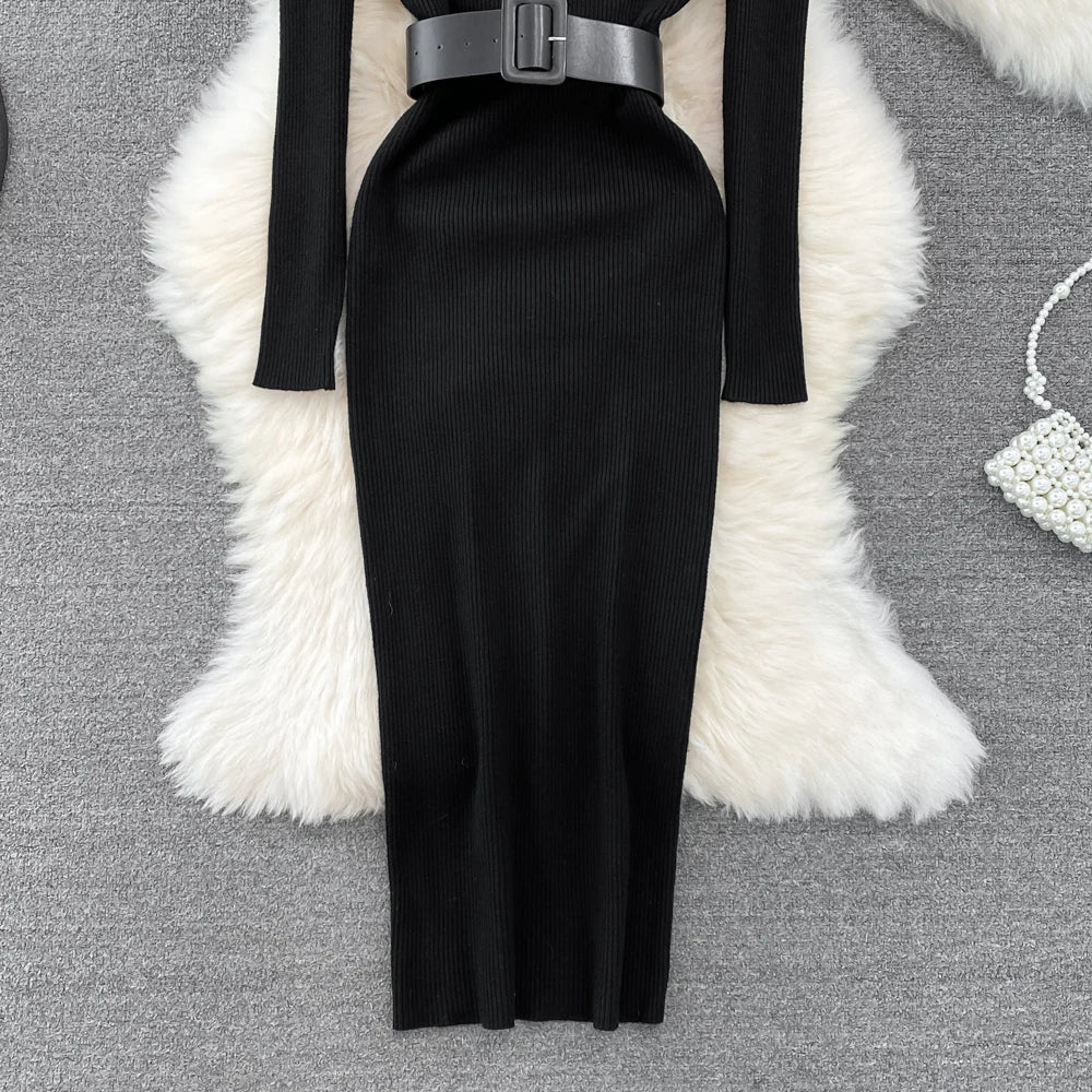 REALEFT Herbst Winter 2025, neue Rollkragen frauen Gestrickte Kleider mit Gürtel Langarm Elegante Bodycon Wrap Kleid Weibliche