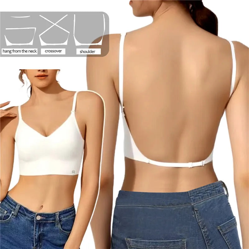2024 Unsichtbarer Push-Up-BH, rückenfrei, sexy Damen-BHs, Low-Cut-Büstenhalter mit tiefem Ausschnitt, offener Rücken, Hochzeitsunterwäsche, nahtlose Dessous