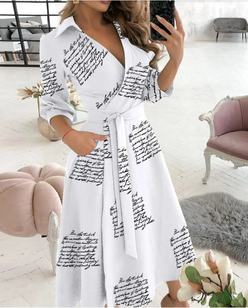Herbst Neue Casual frauen Mode Lange ärmeln V-ausschnitt Gedruckt Muster Mid-länge Elegante Gedruckt frauen Kleid