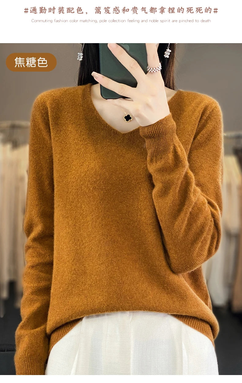 Frauen 100% Merinowolle Pullover V-Ausschnitt Basic Pullover Herbst Winter Kaschmir Kleidung Langarm weiche Strickwaren Tops einfarbig