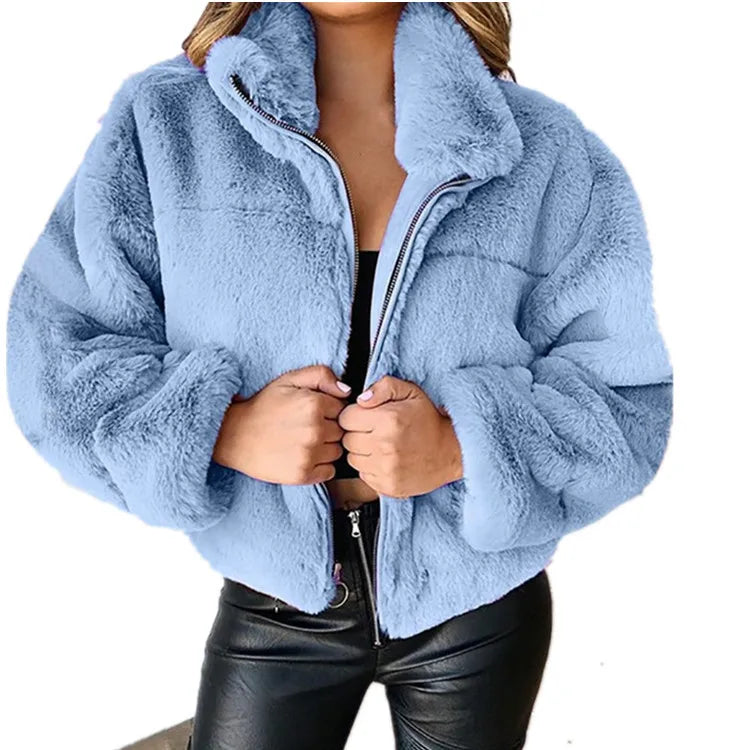 2025, Winter frauen Warme Jacke Zipper Strickjacke Faux Pelz Mode Langarm Stehen Kragen Plüsch Mantel für Weibliche
