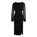 Damen Schwarzes Midi-Kleid V-Ausschnitt Mesh Perlen Lange Ärmel Gerafftes Hochgeschlitztes Bodycon-Kleid Party Cocktail Frühling Sommer Abendkleid