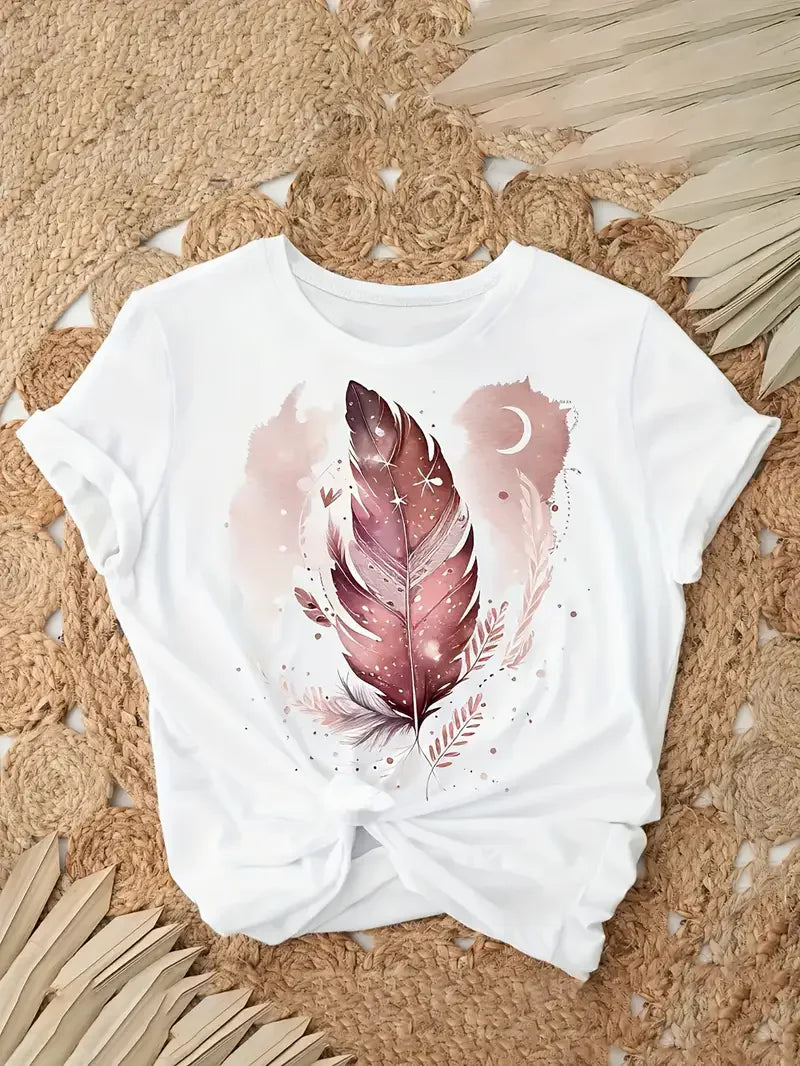 Weibliches Hemd, regulärer Stern-Mond-Aufdruck, kurzärmelig, bedrucktes T-Shirt, Kleidung, Damen-T-Shirt, grafische Kleidung, Top-T-Shirt