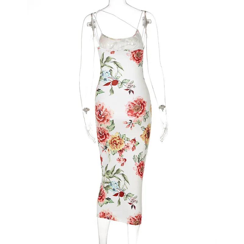 Vintage Floral Print Schlank Bodycon Maxi Kleid Frauen Ärmellose Spaghetti Strap Dünne Lange Kleid Elegante Club Party Vestidos
