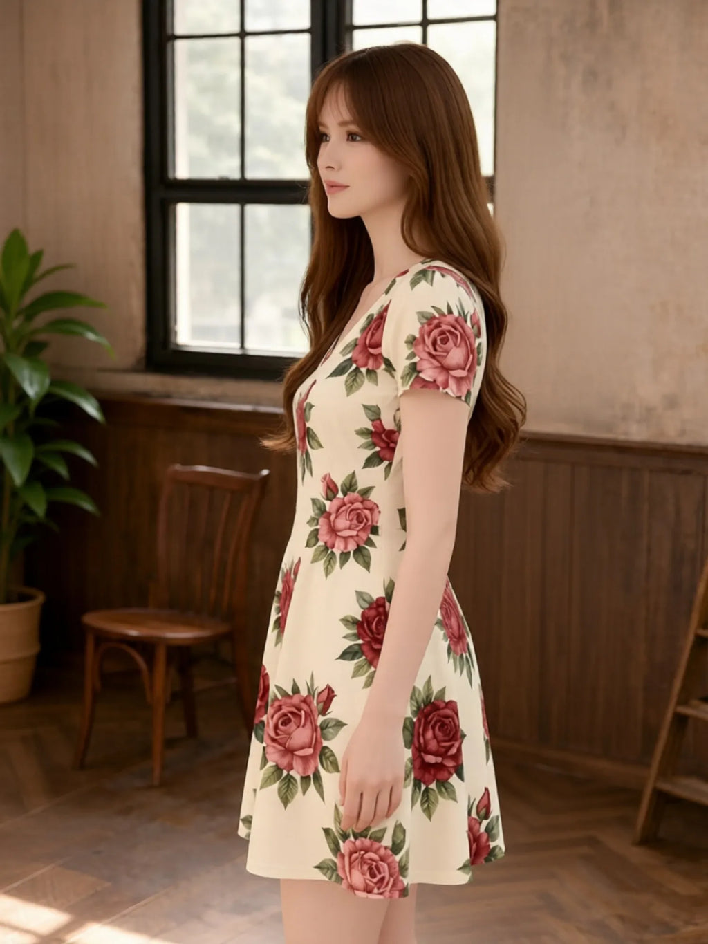 Damen-Kleid mit V-Ausschnitt, kurzen Ärmeln und Blumenmuster, A-Linie, lässig, für Terrasse, Brunch, Sommer, Sommerkleid, Outfit, schön, für den Alltag, feminin, anmutig, einfach