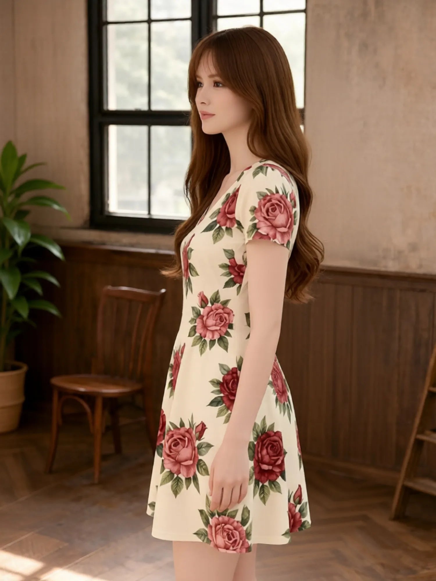 Damen-Kleid mit V-Ausschnitt, kurzen Ärmeln und Blumenmuster, A-Linie, lässig, für Terrasse, Brunch, Sommer, Sommerkleid, Outfit, schön, für den Alltag, feminin, anmutig, einfach