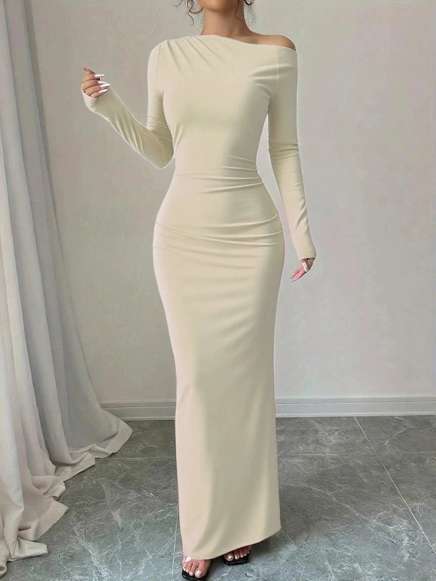 Herbst neuer Stil, individuelle einfarbige, trendige, elegante, langärmelige, figurbetonte Kleid mit hoher Taille, sexy