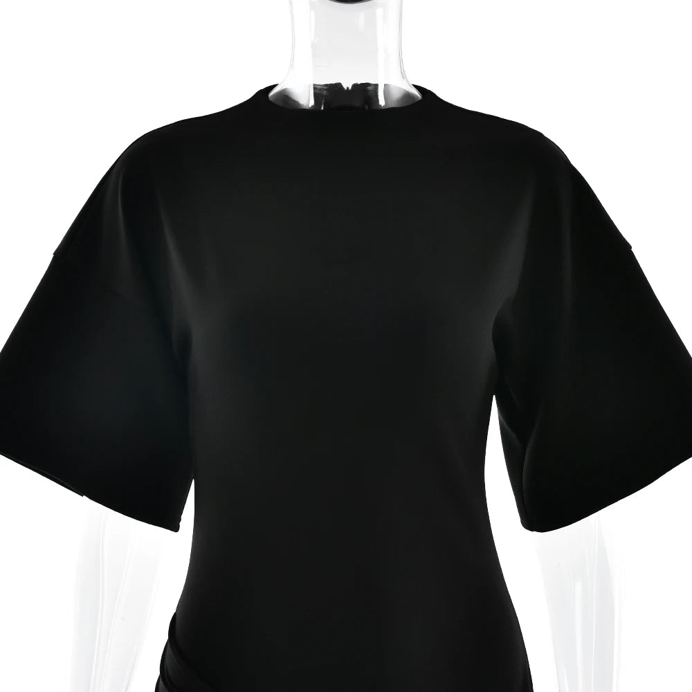 Apprabant Women Buckle Ruched Ribbon Mini Dress O-Neck Metal Short Sleeve Solid Color Silm Bodycon Short Dress Casual Partywear
