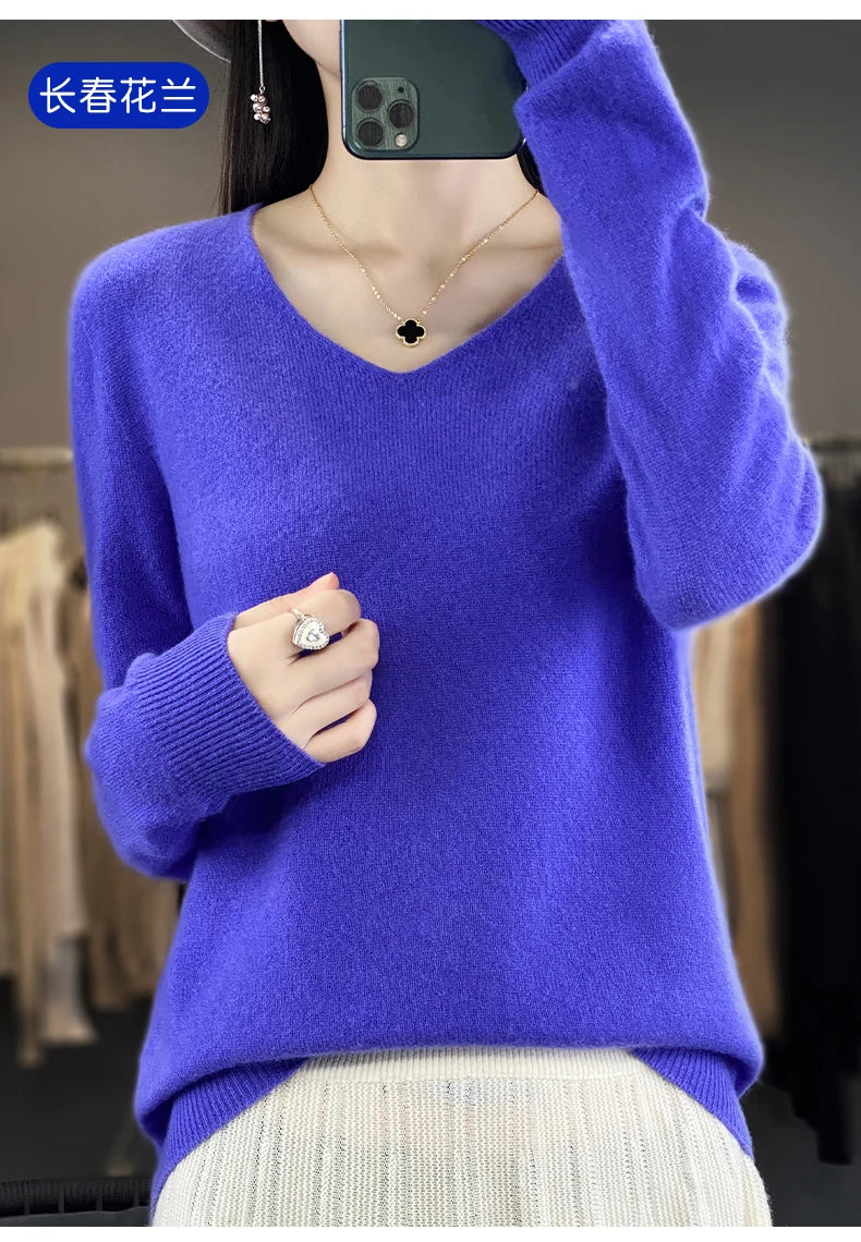 Frauen 100% Merinowolle Pullover V-Ausschnitt Basic Pullover Herbst Winter Kaschmir Kleidung Langarm weiche Strickwaren Tops einfarbig