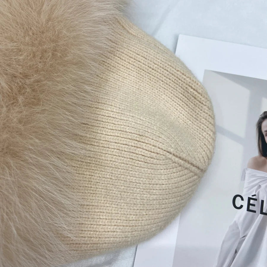 New Stylish Beanie Hats for Women Winter Warm Fluffy Bone Cap Soft Outdoor Thick Natural Fox Fur Hat Female Dome Hats