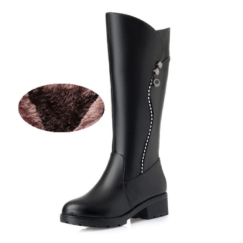 WOIZGIC Damen-Stiefel aus echtem Leder, für Damen, Plattform, Schnee, Wolle, Plüschfell, warm, Winter, mittlerer Absatz, Reißverschluss, Übergröße 42 43