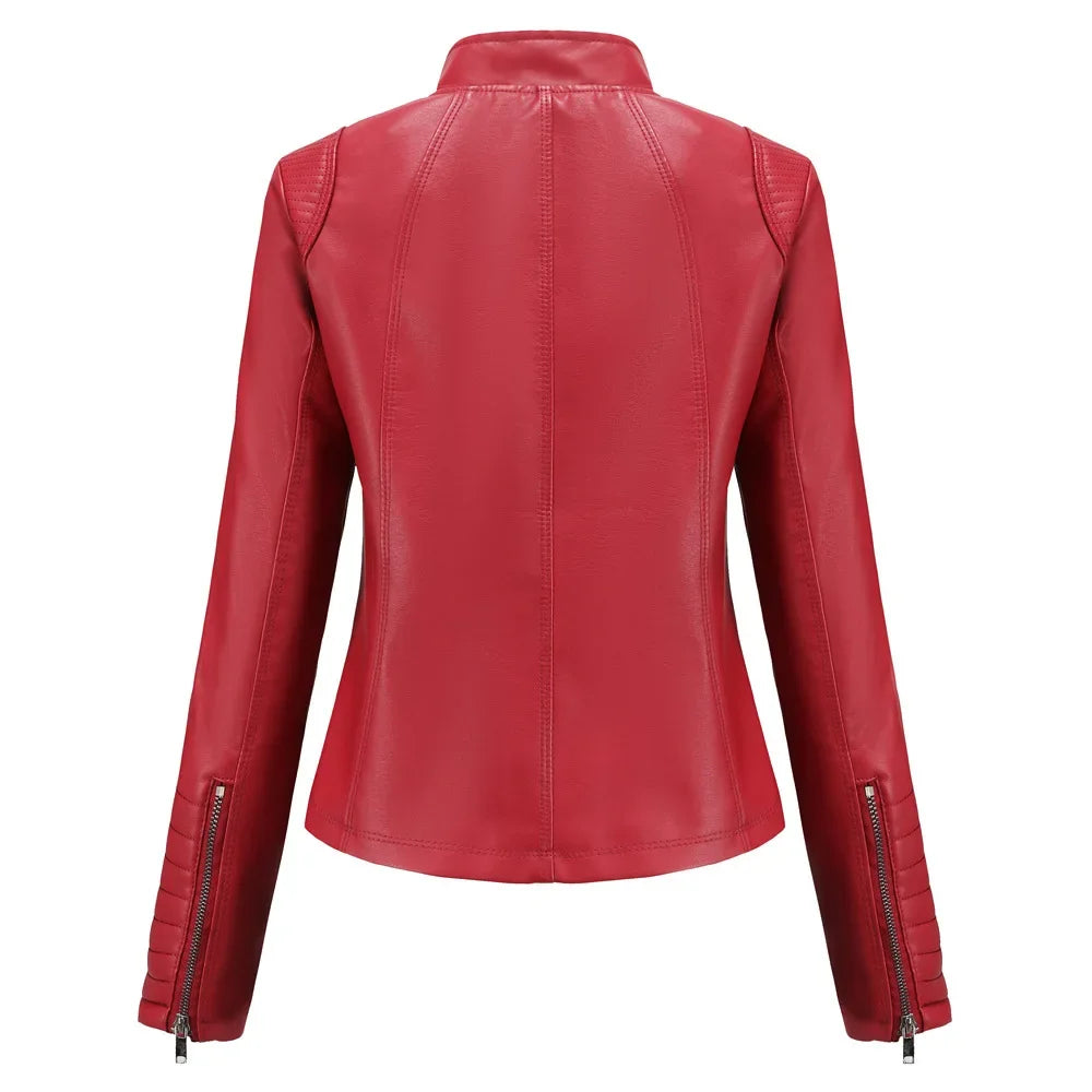 Neue 20-Damen-Lederjacke, dünn, Motorrad-Stil, kurze modische Damenjacke, Stehkragen, volle Ärmel, aus dem Festland China