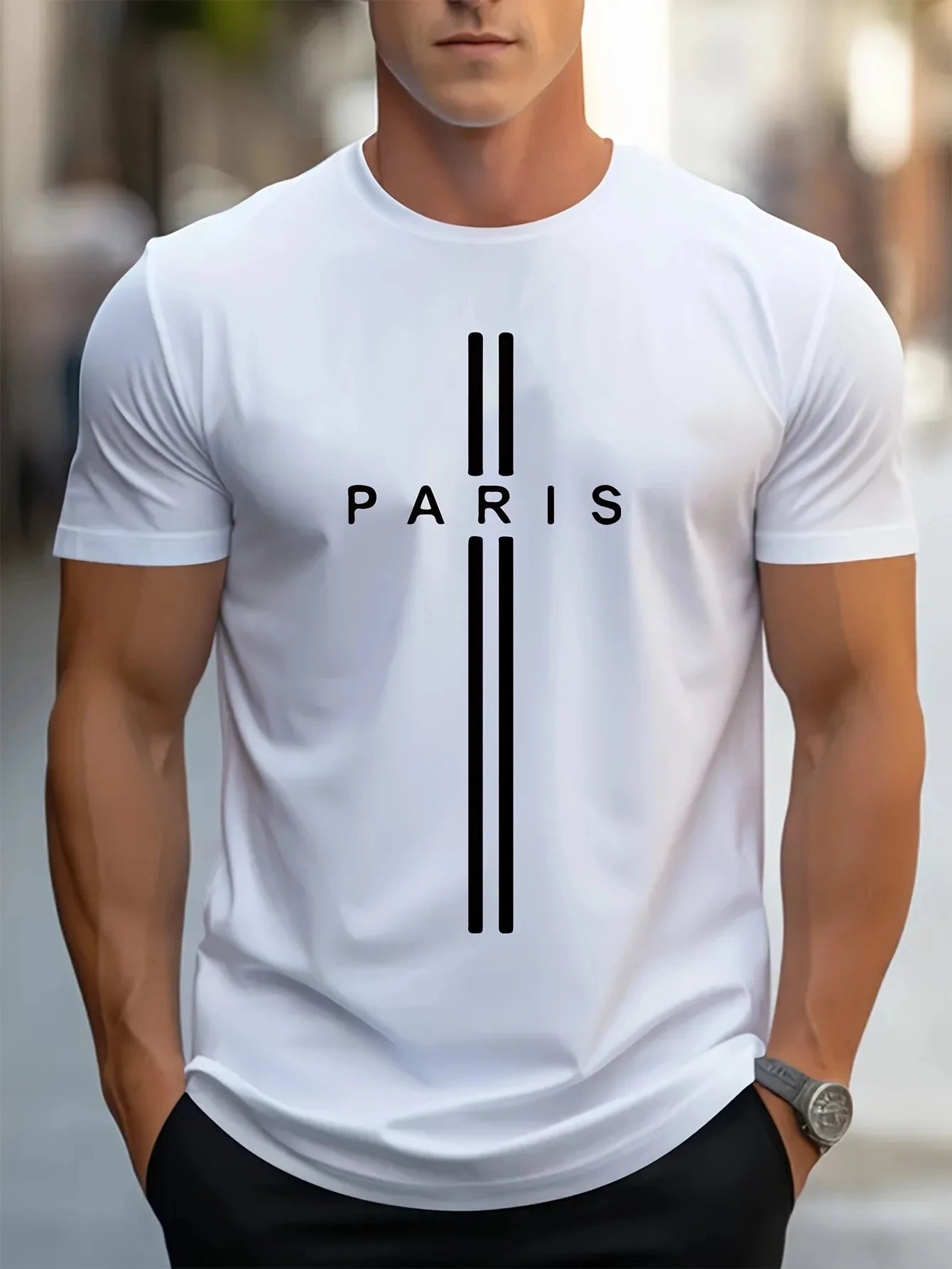 3D-gedrucktes lockeres Sommer-T-Shirt für Herren, lässiges enges T-Shirt mit Rundhalsausschnitt und Paris-Aufdruck, kurzärmeliges T-Shirt
