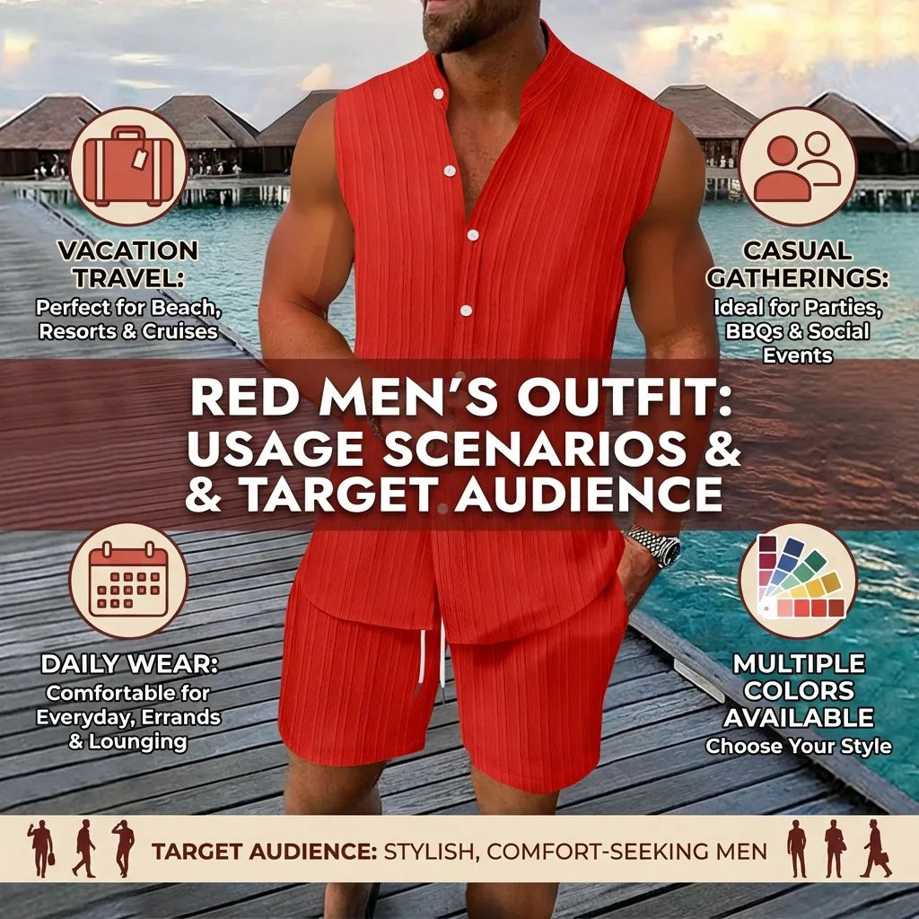 Sommer Neue Herren Mode Stehkragen Einfarbiges Besticktes Ärmelloses Hemd Shorts Set Lässige Strandkleidung