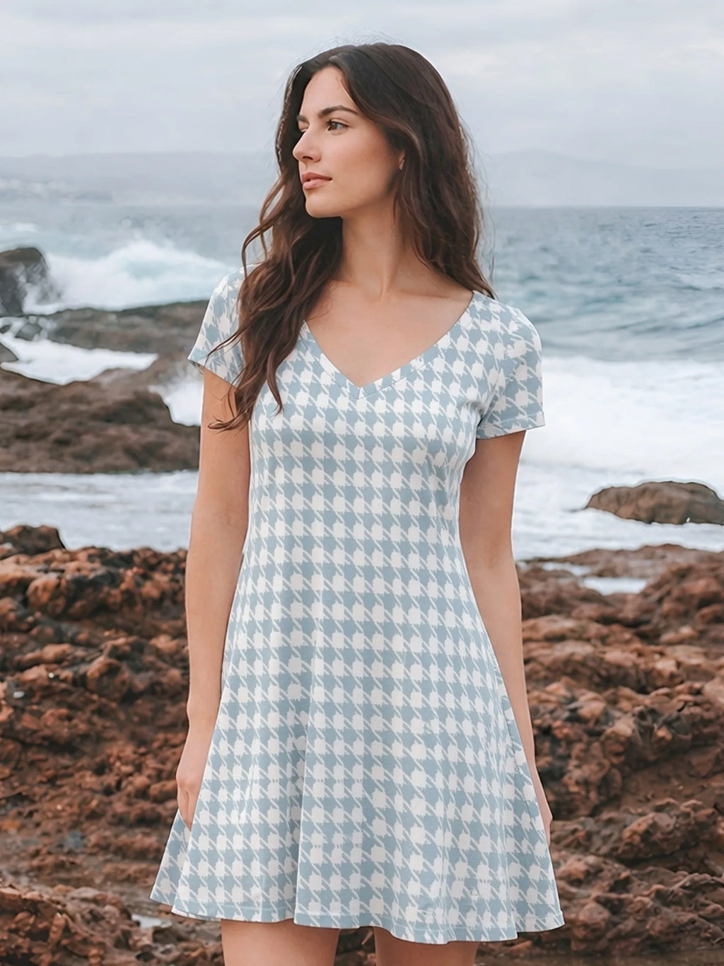Damen-Kleid mit V-Ausschnitt, kurzen Ärmeln und Blumenmuster, Skater-Kleid für den Alltag, lässiges Outfit, schön, für den Alltag, feminin, anmutig, entspannt, leicht zu tragen, süß, Café
