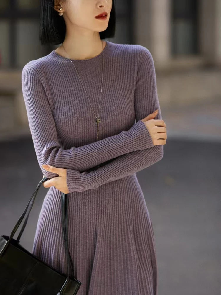Frühling Herbst Pullover Damen Kleid 100 % Merinowolle Kleid O-Ausschnitt Slim Maxirock Basic Langarm Kleid Sexy Inside Join Dress