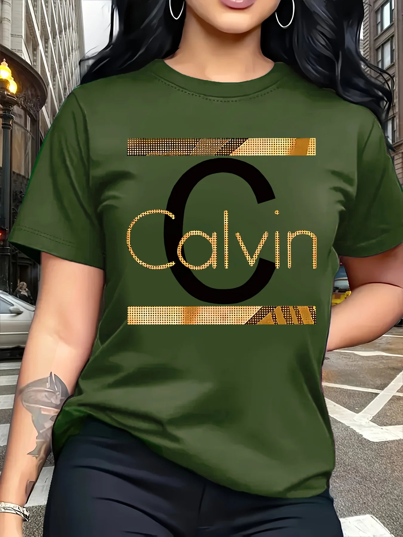 Calvin Buchstaben-Print Damen-T-Shirt - Goldgrafik Grünes Casual-Oberteil