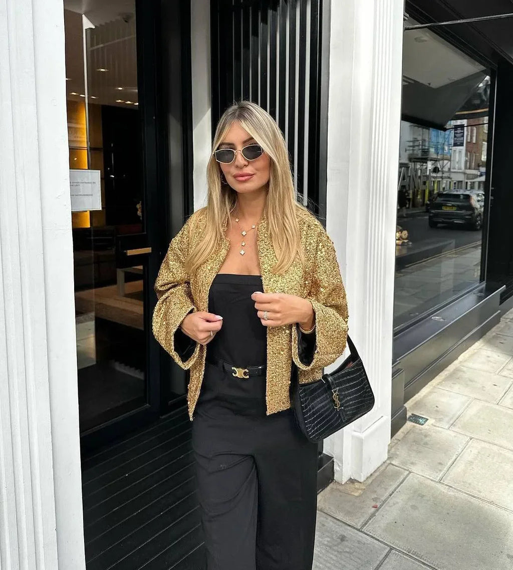 Damen Pailletten Bomber jacke fallen neue Rundhals ausschnitt Langarm Tasche Stretch Saum Pailletten Jacke Mantel weibliche schicke Oberbekleidung