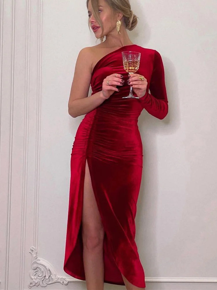 Frauen Elegante Langarm Party Abend Samt Bodycon Split Bleistift Midi Kleid Frühling Herbst Kleidung