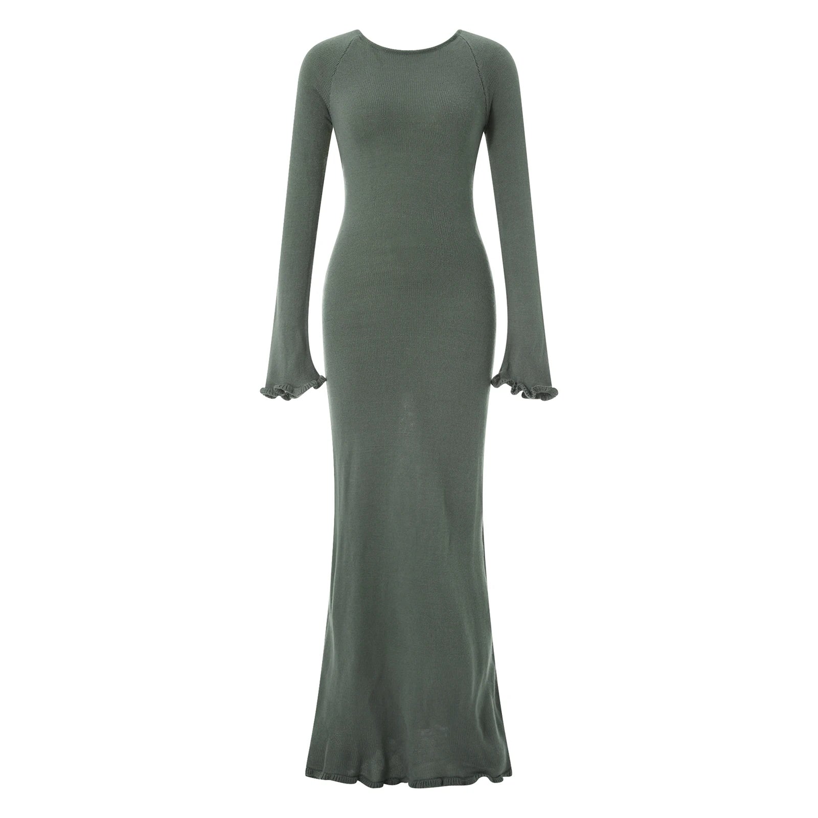 Damen-Kleid mit langen Ärmeln, Krawatte, rückenfrei, Rundhalsausschnitt, Rüschenbesatz, langes Kleid, Herbst und Winter, gestrickt, einfarbig, figurbetontes Kleid, Beige/Grau/Weiß
