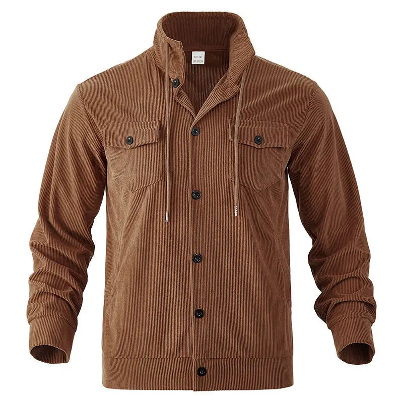 Amerikanische schwere Cord-Herrenjacke, einfache und vielseitige Langarmjacke mit Stehkragen und mehreren Taschen