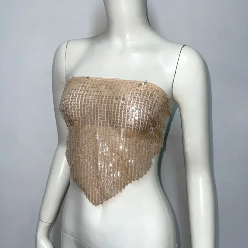 Sommer Sexy Pailletten Weste Top Weibliche Backless Strand Urlaub Kleidung Gestellte Y2k Rohr Tops Patchwork Shiny frauen Tank Top