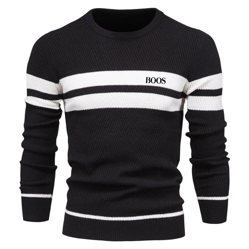 Autumn and winter men's casual striped men's sweater pullover, color blocked round neck embroidered men's European size knitted