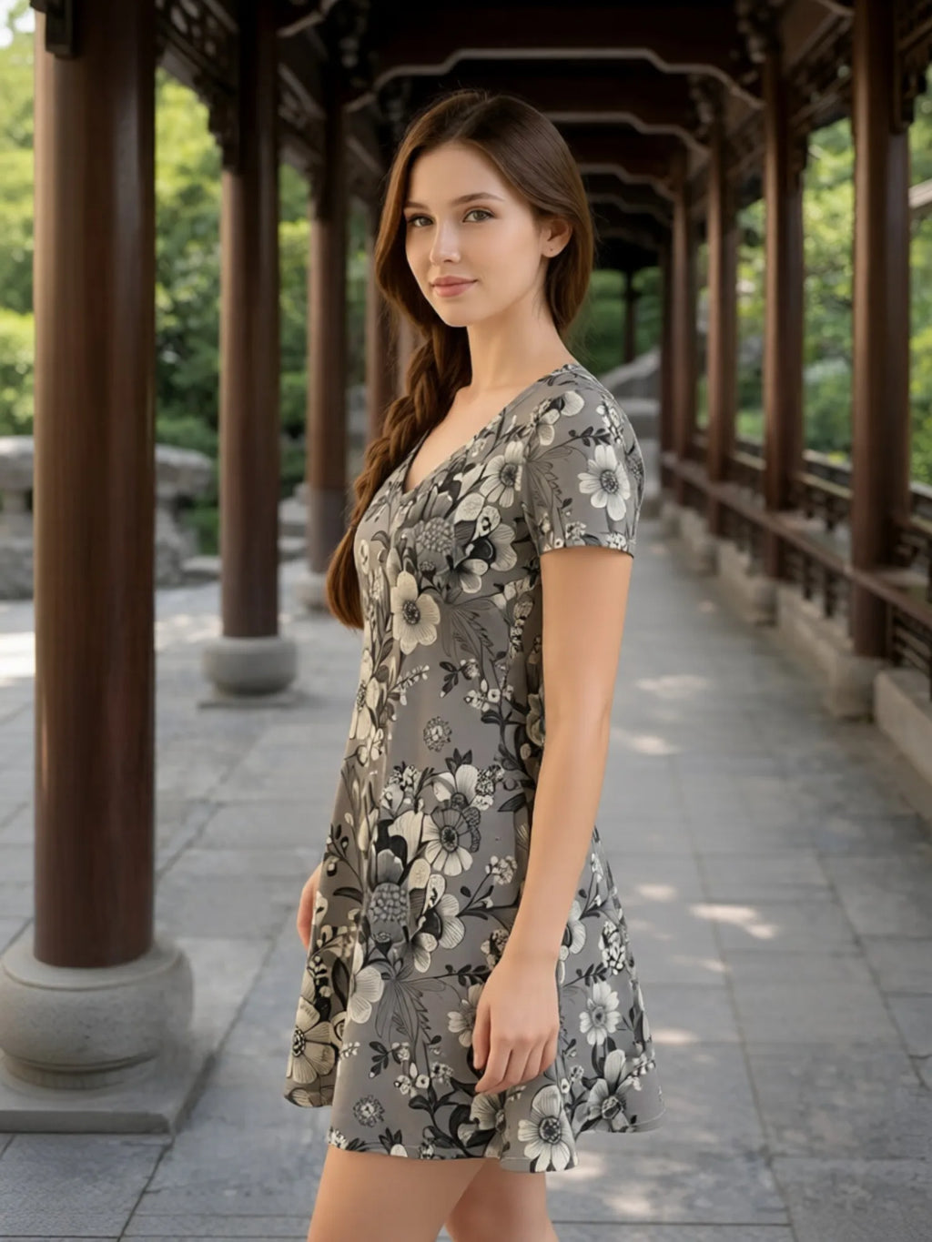 Damen-Swingkleid mit V-Ausschnitt und Blumendruck, lässiges Alltagsoutfit, luftig, weich, bequem, schick, schön, für jeden Tag, feminin, anmutig, einfach