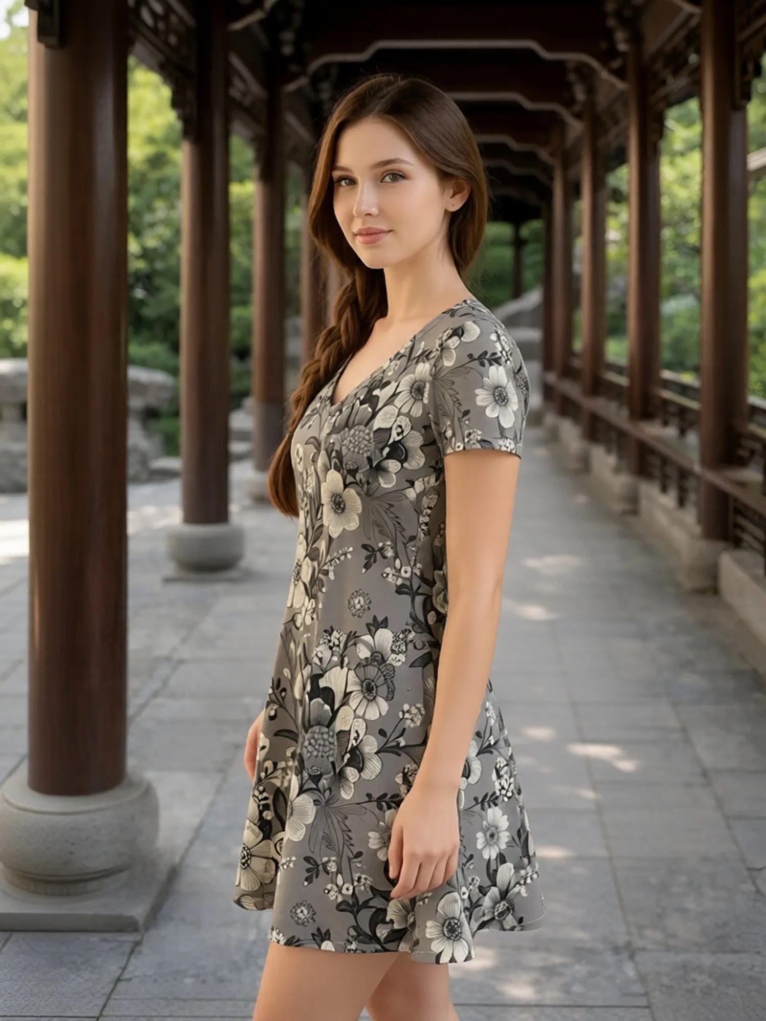 Damen-Swingkleid mit V-Ausschnitt und Blumendruck, lässiges Alltagsoutfit, luftig, weich, bequem, schick, schön, für jeden Tag, feminin, anmutig, einfach