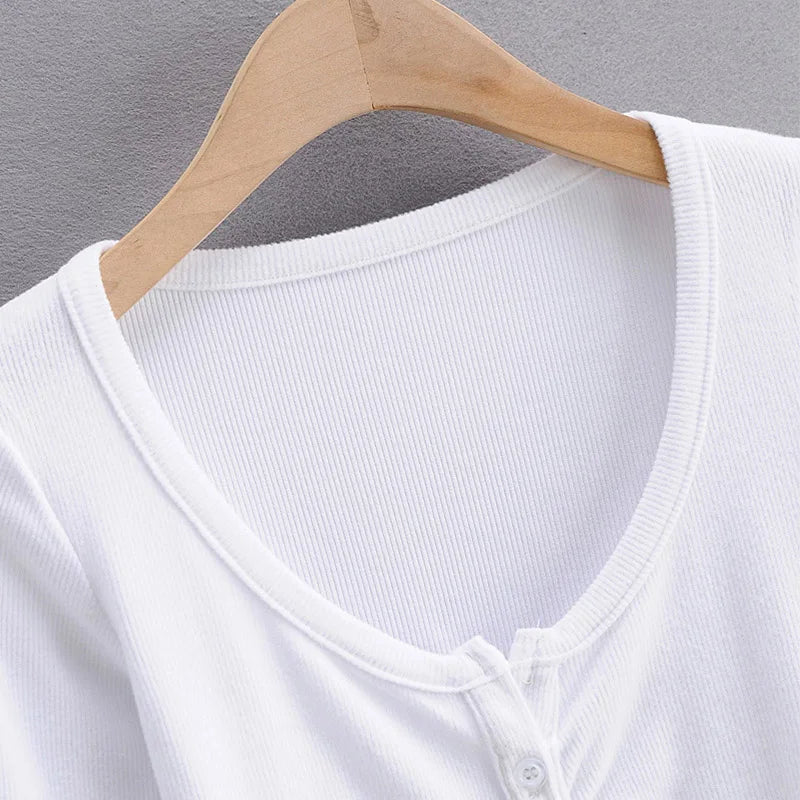 sommer Sexy Frauen Crop Tops Langarm T-shirt Clubwear Tasten Solide T Shirt Frauen Schwarz Weiß Schlank Tops