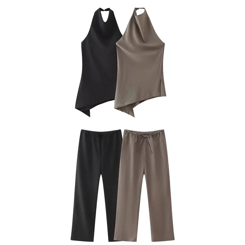 HH Frauen Vintage Solide Hose Sets Sexy Backless Halter Camis Top Asymmetrische Tank Top + Kordelzug Hosen Mode Streetwear