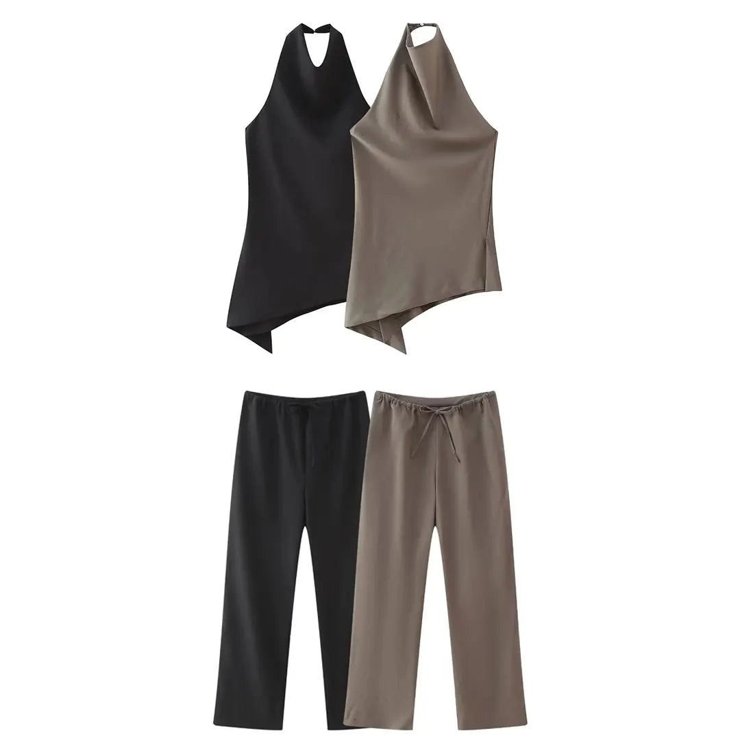 HH Frauen Vintage Solide Hose Sets Sexy Backless Halter Camis Top Asymmetrische Tank Top + Kordelzug Hosen Mode Streetwear