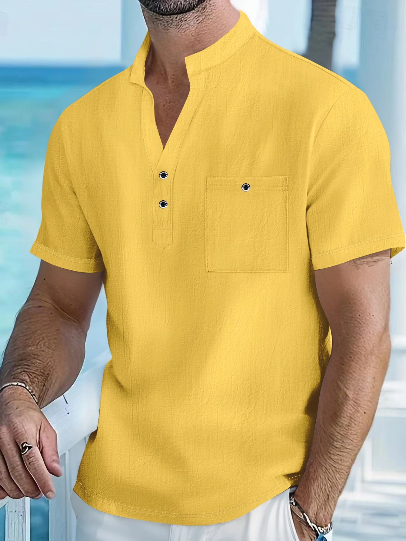 Herren-Kurzarmhemd aus Baumwollleinen mit Stehkragen und Knopfleiste mit halbem Knopfleiste – lässige Outdoor-Freizeitkleidung für Frühling und Sommer