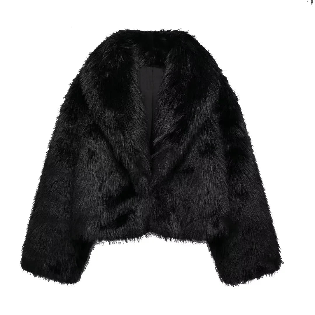 MUJER Schwarzer Kunstpelzmantel für Damen, Herbst-Winter-Plüschmäntel und Jacken, Streetwear-Outer, langärmelig, warme Damenmäntel