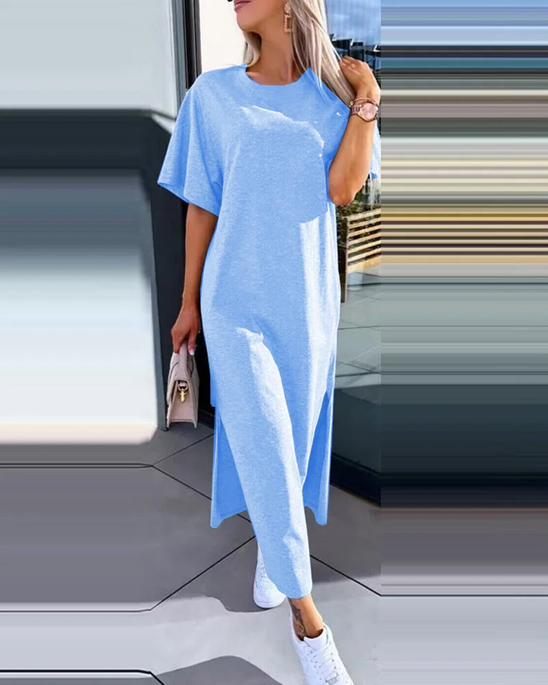Fashion Simple O Neck Short Sleeve Solid Dress For Women New 2024 Summer Casual Loose Comfortable Split Long Dress Robe Femme