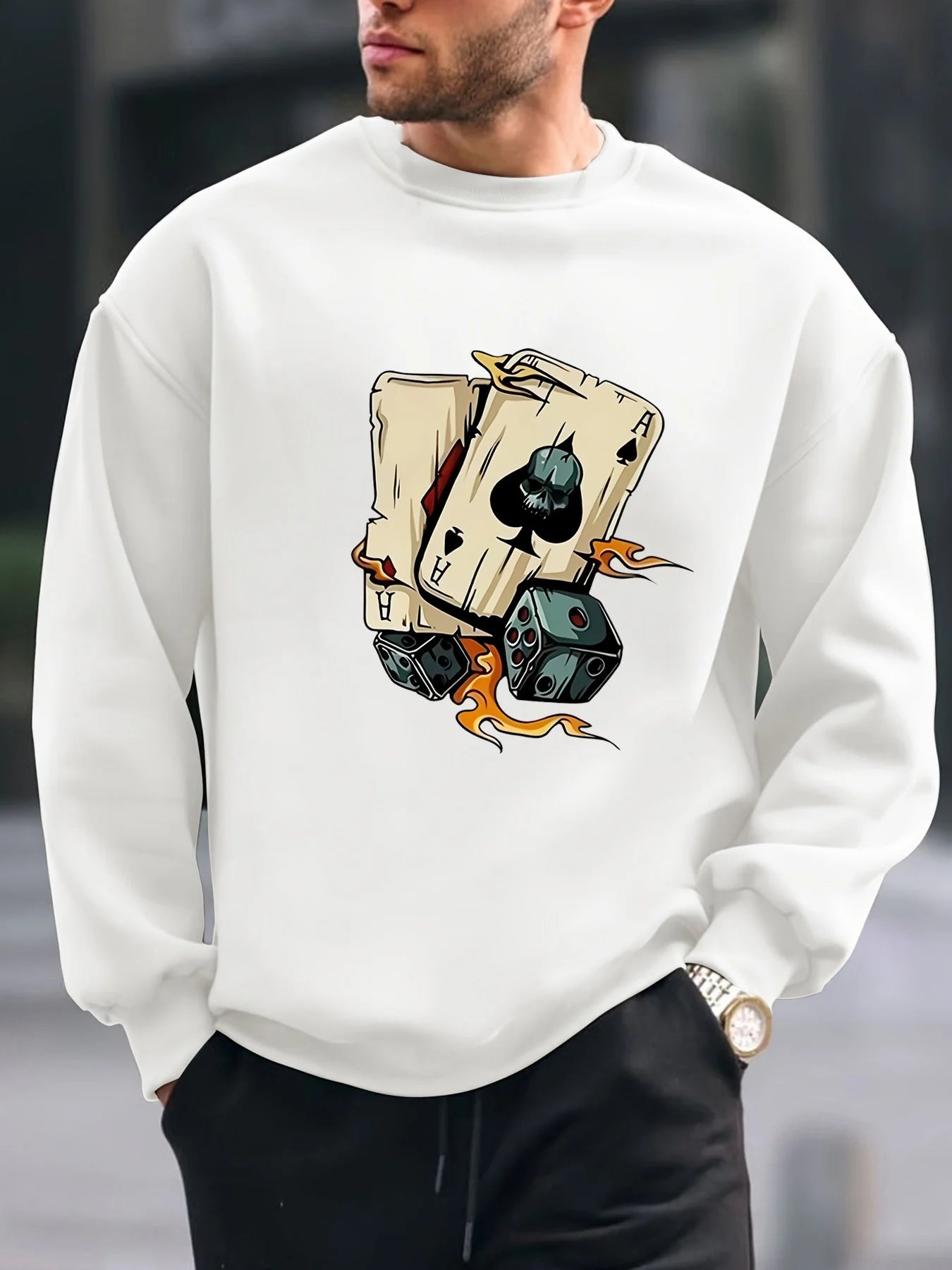 Men's autumn and winter fashionable casual loose poker and dice graphic printed long sleeved round neck sweatshirt